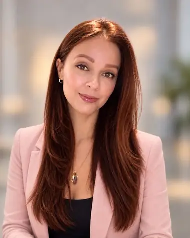 Jazmín Ortiz sonriendo, con cabello largo y blazer rosa